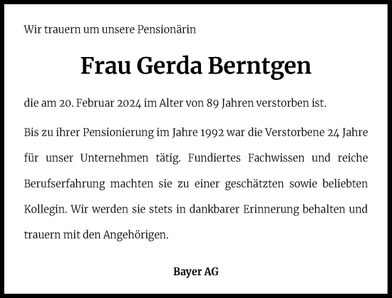 Anzeige von Gerda Berntgen von Kölner Stadt-Anzeiger / Kölnische Rundschau / Express