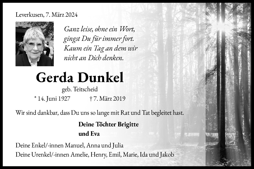  Traueranzeige für Gerda Dunkel vom 07.03.2024 aus Kölner Stadt-Anzeiger / Kölnische Rundschau / Express