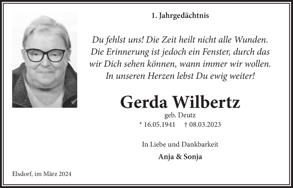  Traueranzeige für Gerda Wilbertz vom 18.07.2023 aus  Werbepost 