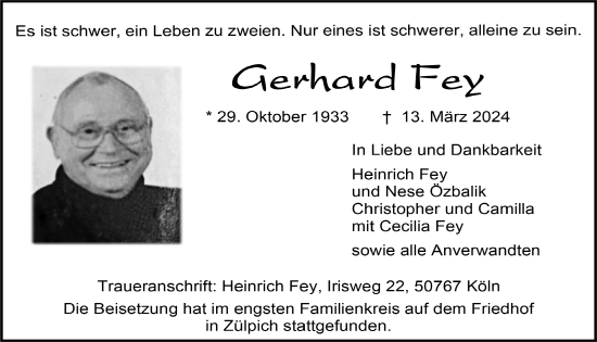 Anzeige von Gerhard Fey von  Blickpunkt Euskirchen 