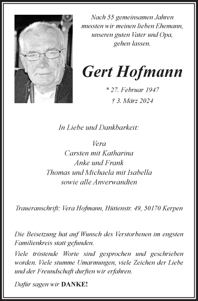  Traueranzeige für Gert Hofmann vom 22.03.2024 aus  Werbepost 