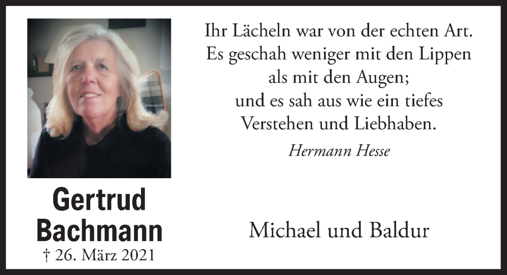 Traueranzeige für Gertrud Bachmann vom 22.03.2024 aus  Bergisches Handelsblatt 