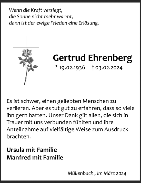Anzeige von Gertrud Ehrenberg von  Anzeigen Echo 