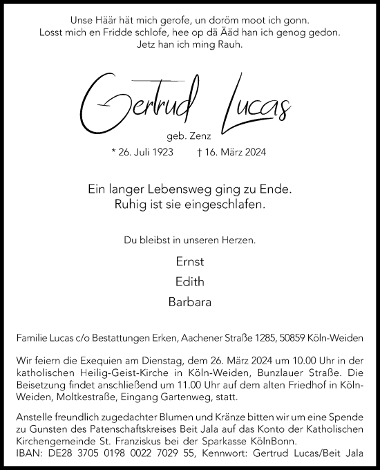 Anzeige von Gertrud Lucas von Kölner Stadt-Anzeiger / Kölnische Rundschau / Express