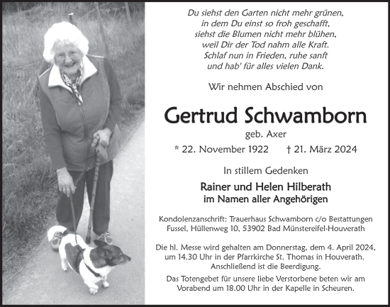 Anzeige von Gertrud Schwamborn von  Blickpunkt Euskirchen 