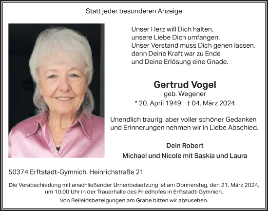 Anzeige von Gertrud Vogel von  Werbepost 