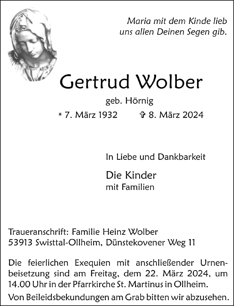  Traueranzeige für Gertrud Wolber vom 15.03.2024 aus  Schaufenster/Blickpunkt 