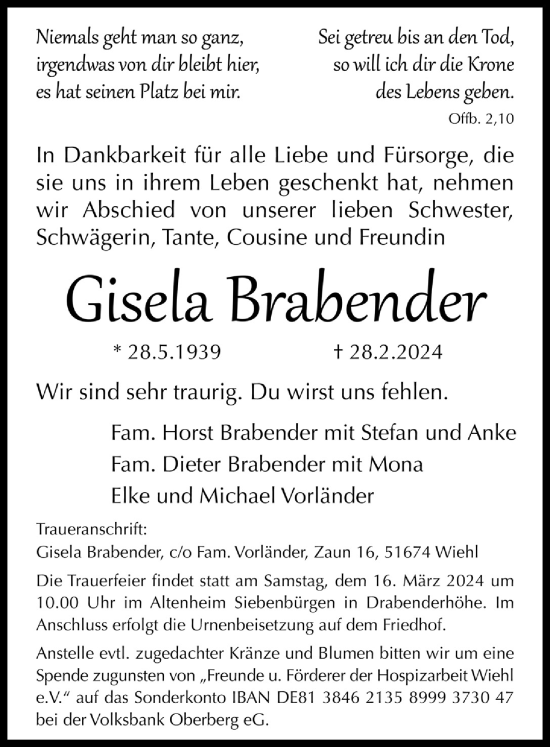 Anzeige von Gisela Brabender von  Anzeigen Echo 