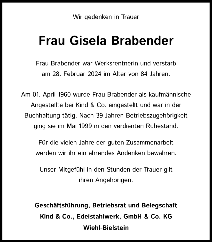  Traueranzeige für Gisela Brabender vom 13.03.2024 aus Kölner Stadt-Anzeiger / Kölnische Rundschau / Express