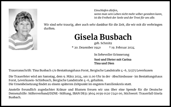 Anzeige von Gisela Busbach von Kölner Stadt-Anzeiger / Kölnische Rundschau / Express
