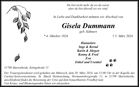 Anzeige von Gisela Dummann von Kölner Stadt-Anzeiger / Kölnische Rundschau / Express