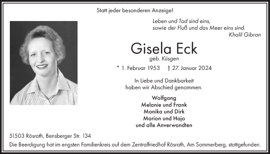 Anzeige von Gisela Eck von  Bergisches Handelsblatt 