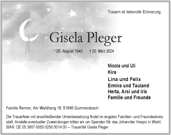 Anzeige von Gisela Pleger von  Anzeigen Echo 