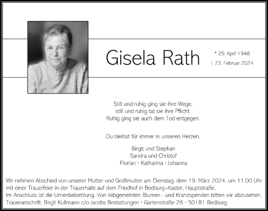 Anzeige von Gisela Rath von  Werbepost 