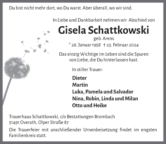 Anzeige von Gisela Schattkowski von  Bergisches Handelsblatt 