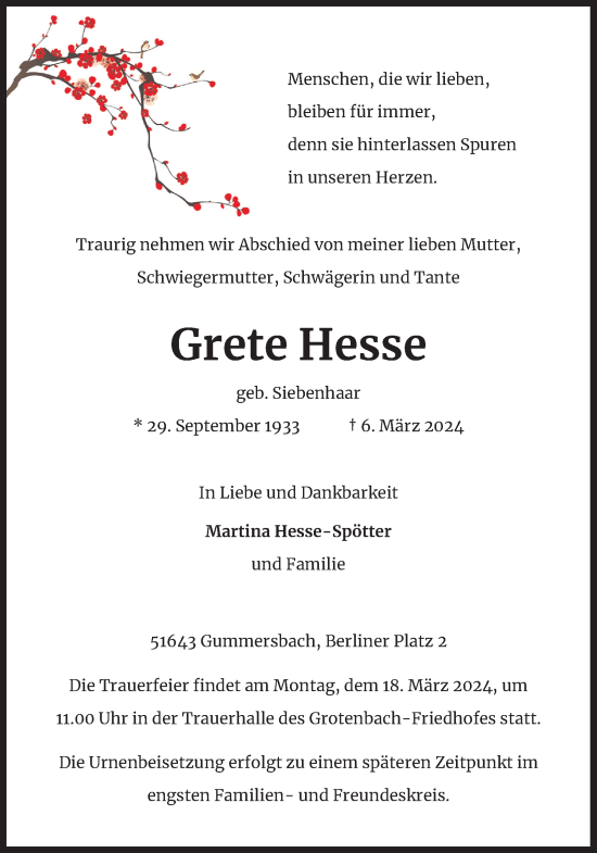 Anzeige von Grete Hesse von Kölner Stadt-Anzeiger / Kölnische Rundschau / Express