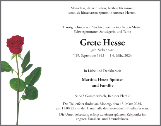 Anzeige von Grete Hesse von  Anzeigen Echo 