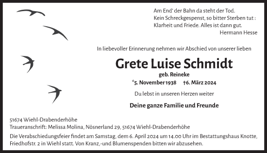 Anzeige von Grete Luise Schmidt von  Anzeigen Echo  Lokalanzeiger 