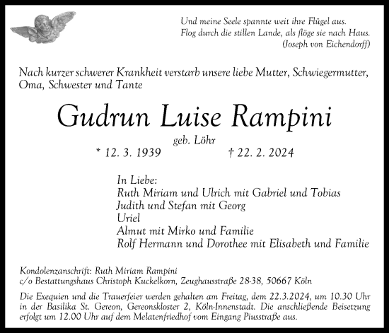 Anzeige von Gudrun Luise Rampini von Kölner Stadt-Anzeiger / Kölnische Rundschau / Express
