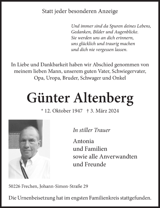 Anzeige von Günter Altenberg von  Wochenende 