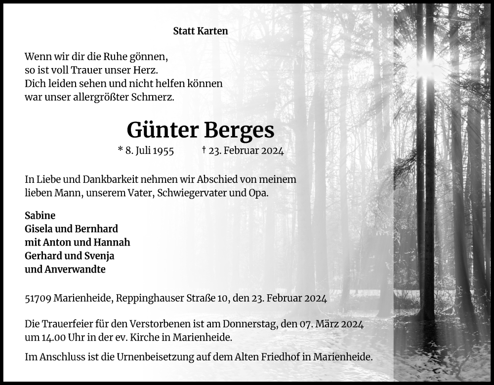  Traueranzeige für Günter Berges vom 02.03.2024 aus Kölner Stadt-Anzeiger / Kölnische Rundschau / Express