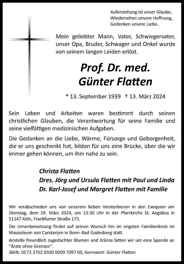  Traueranzeige für Günter Flatten vom 16.03.2024 aus Kölner Stadt-Anzeiger / Kölnische Rundschau / Express