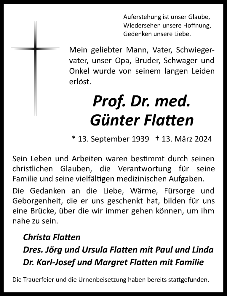  Traueranzeige für Günter Flatten vom 22.03.2024 aus  EXPRESS - Die Woche 