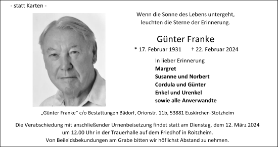 Anzeige von Günter Franke von Kölner Stadt-Anzeiger / Kölnische Rundschau / Express