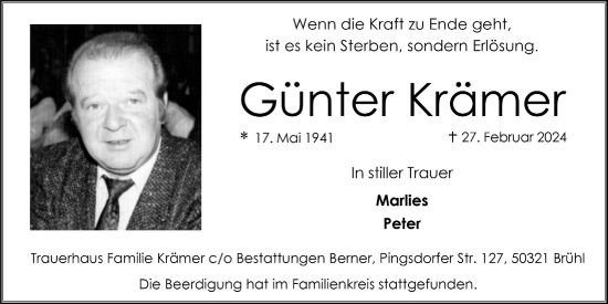 Anzeige von Günter Krämer von  Schlossbote/Werbekurier 