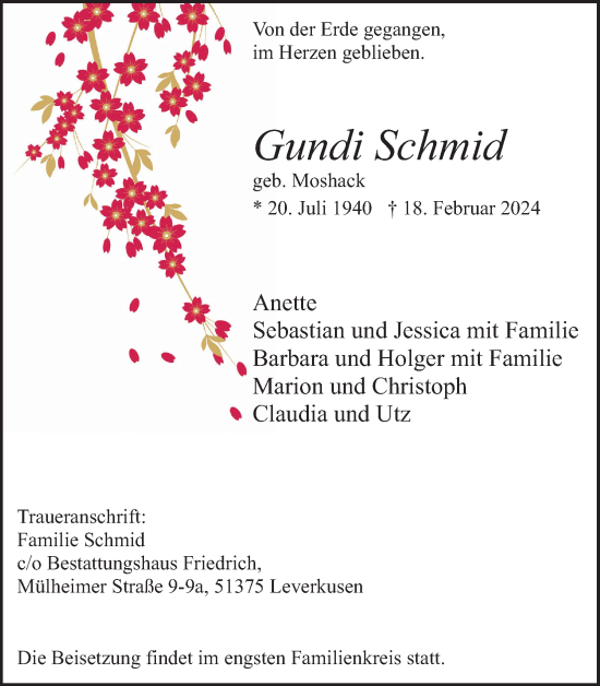 Anzeige von Gundi Schmid von Kölner Stadt-Anzeiger / Kölnische Rundschau / Express