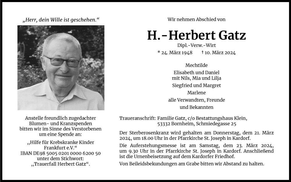  Traueranzeige für H. Herbert Gatz vom 16.03.2024 aus Kölner Stadt-Anzeiger / Kölnische Rundschau / Express