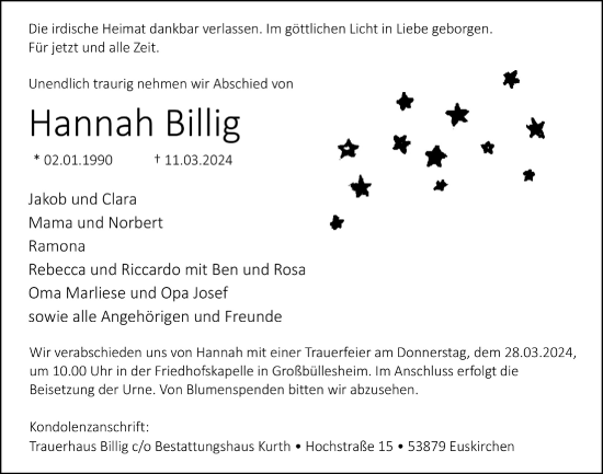 Anzeige von Hannah Billig von  Blickpunkt Euskirchen 