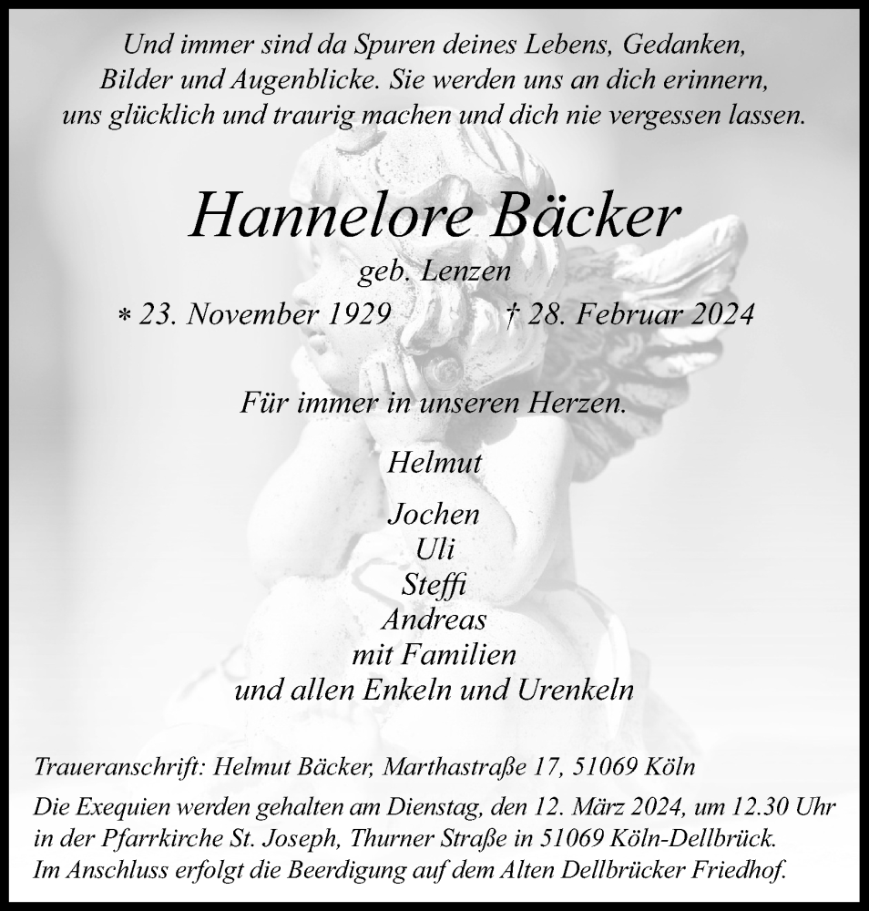  Traueranzeige für Hannelore Bäcker vom 09.03.2024 aus Kölner Stadt-Anzeiger / Kölnische Rundschau / Express