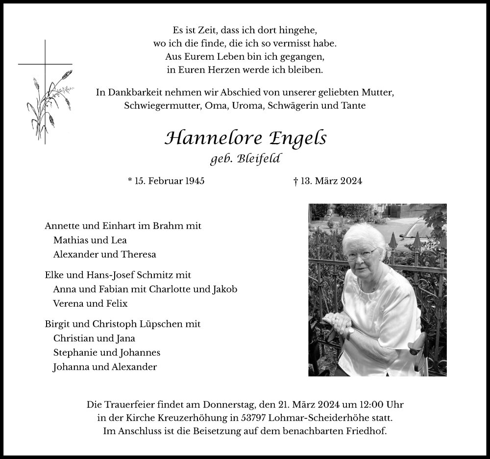  Traueranzeige für Hannelore Engels vom 16.03.2024 aus Kölner Stadt-Anzeiger / Kölnische Rundschau / Express
