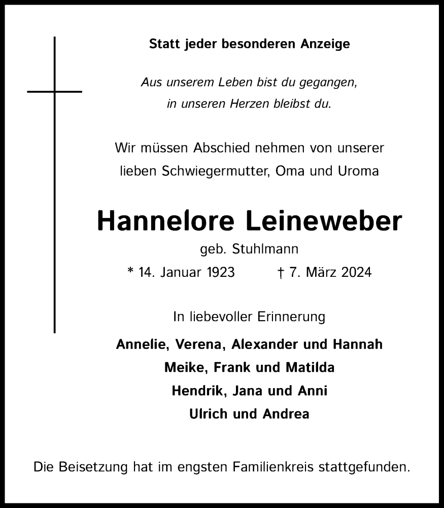  Traueranzeige für Hannelore Leineweber vom 23.03.2024 aus Kölner Stadt-Anzeiger / Kölnische Rundschau / Express