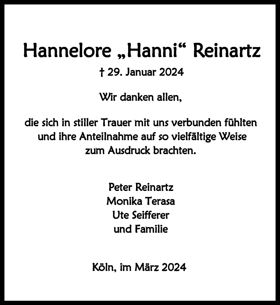  Traueranzeige für Hannelore Reinartz vom 28.03.2024 aus  EXPRESS - Die Woche 