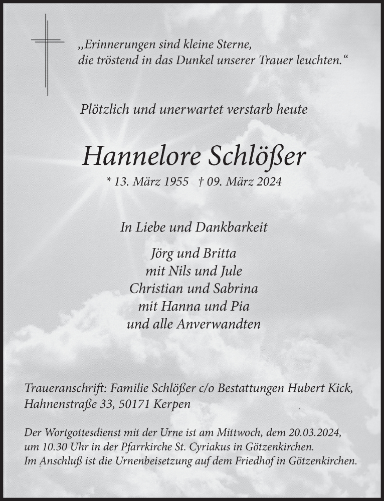  Traueranzeige für Hannelore Schlößer vom 15.03.2024 aus  Werbepost 
