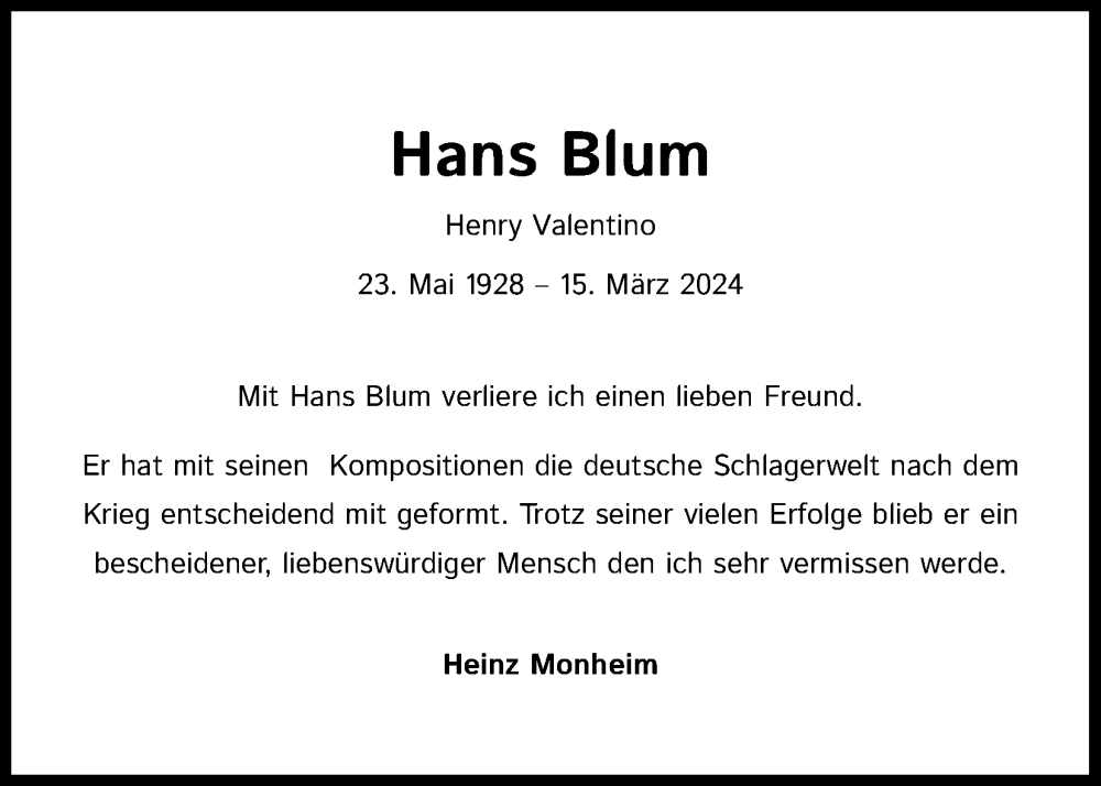  Traueranzeige für Hans Blum vom 23.03.2024 aus Kölner Stadt-Anzeiger / Kölnische Rundschau / Express