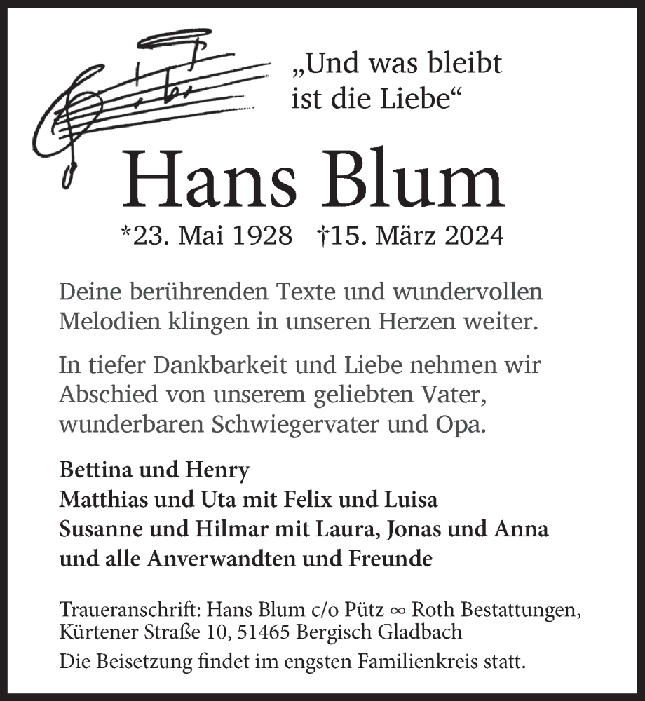  Traueranzeige für Hans Blum vom 28.03.2024 aus  Bergisches Handelsblatt 