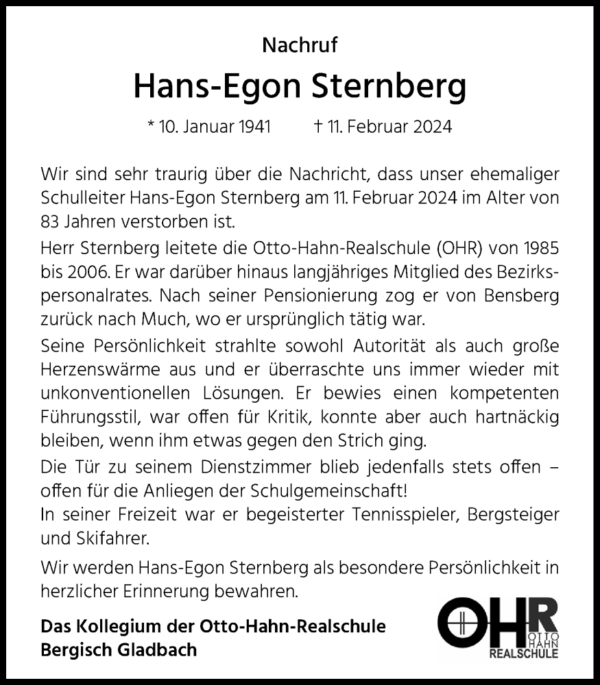  Traueranzeige für Hans-Egon Sternberg vom 09.03.2024 aus Kölner Stadt-Anzeiger / Kölnische Rundschau / Express