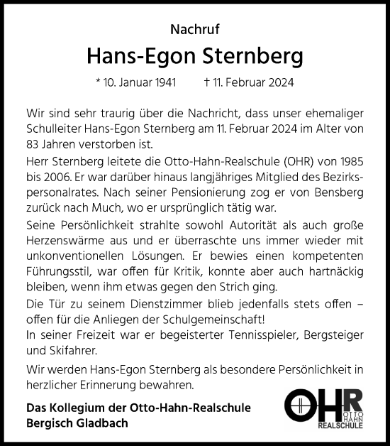 Anzeige von Hans-Egon Sternberg von Kölner Stadt-Anzeiger / Kölnische Rundschau / Express