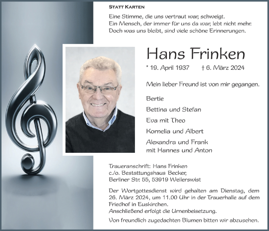 Anzeige von Hans Frinken von  Blickpunkt Euskirchen 