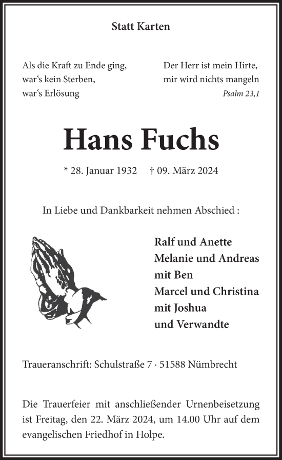 Anzeige von Hans Fuchs von  Lokalanzeiger 