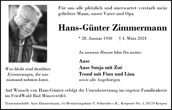 Anzeige von Hans-Günter Zimmermann von  Werbepost 