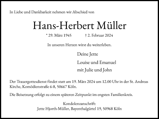 Anzeige von Hans-Herbert Müller von Kölner Stadt-Anzeiger / Kölnische Rundschau / Express