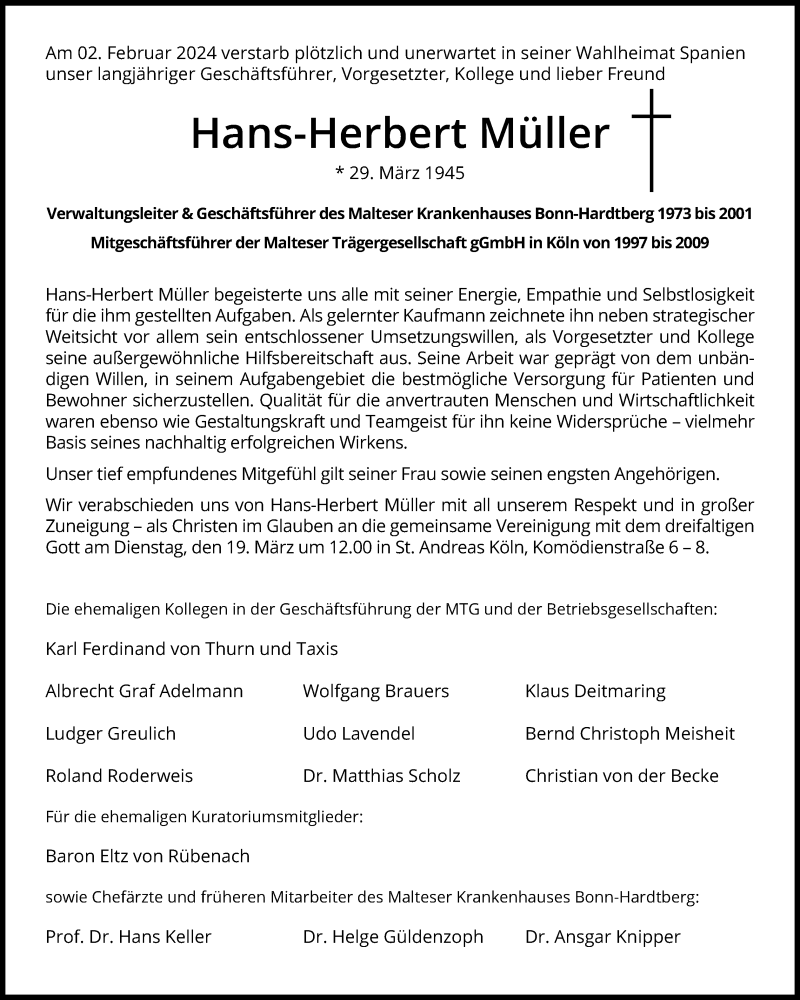  Traueranzeige für Hans-Herbert Müller vom 16.03.2024 aus Kölner Stadt-Anzeiger / Kölnische Rundschau / Express