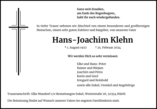 Anzeige von Hans-Joachim Klehn von Kölner Stadt-Anzeiger / Kölnische Rundschau / Express