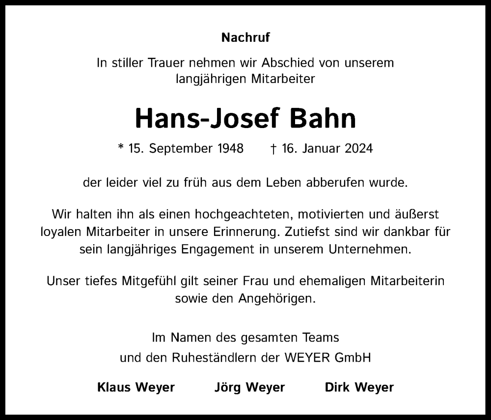  Traueranzeige für Hans-Josef Bahn vom 02.03.2024 aus Kölner Stadt-Anzeiger / Kölnische Rundschau / Express