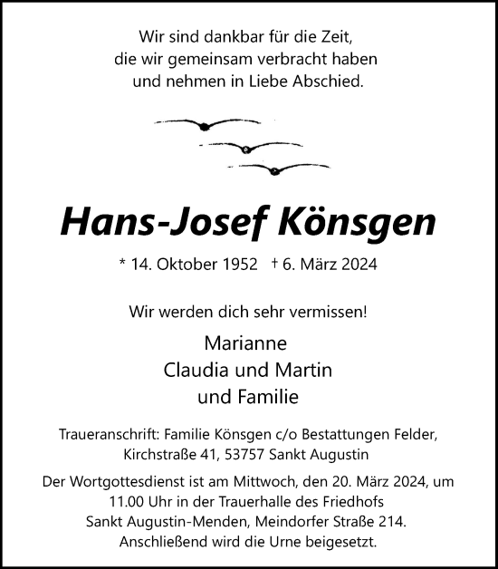 Anzeige von Hans-Josef Könsgen von Kölner Stadt-Anzeiger / Kölnische Rundschau / Express