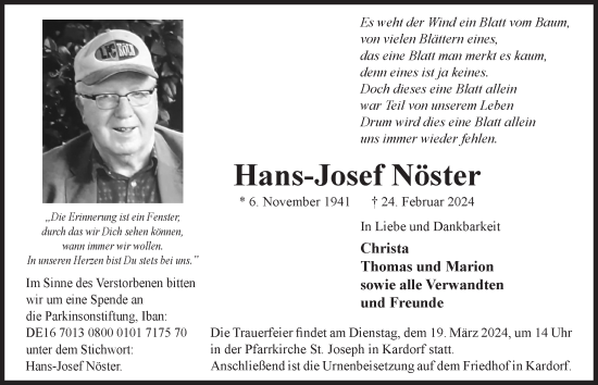 Anzeige von Hans-Josef Nöster von  Schaufenster/Blickpunkt 